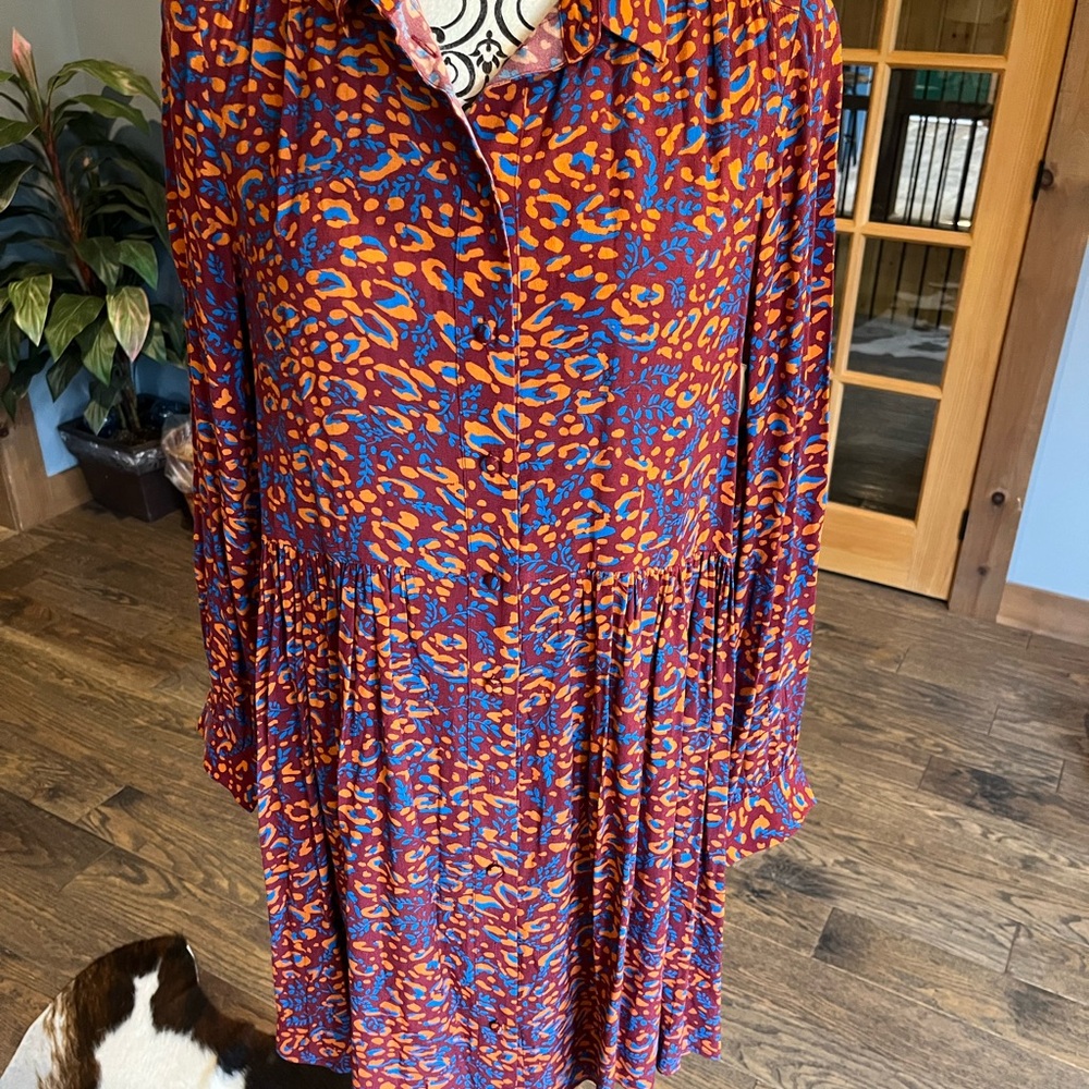 MARINA Blue and Orange Pleated Sundress with Bishop Sleeves